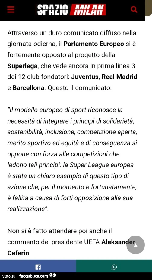 Attraverso un duro comunicato diffuso nella giornata odierna, il parlamento europeo si è fortemente opposto al progetto della superlega, che vede ancora in prima linea 3 dei 12 club fondatori: juventus, real madrid e barcellona