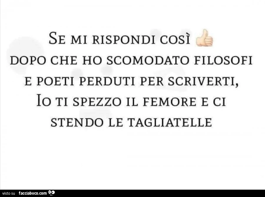 Se mi rispondi così dopo che ho scomodato filosofi e poeti perduti per scriverti, io ti spezzo il femore e ci stendo le tagliatelle