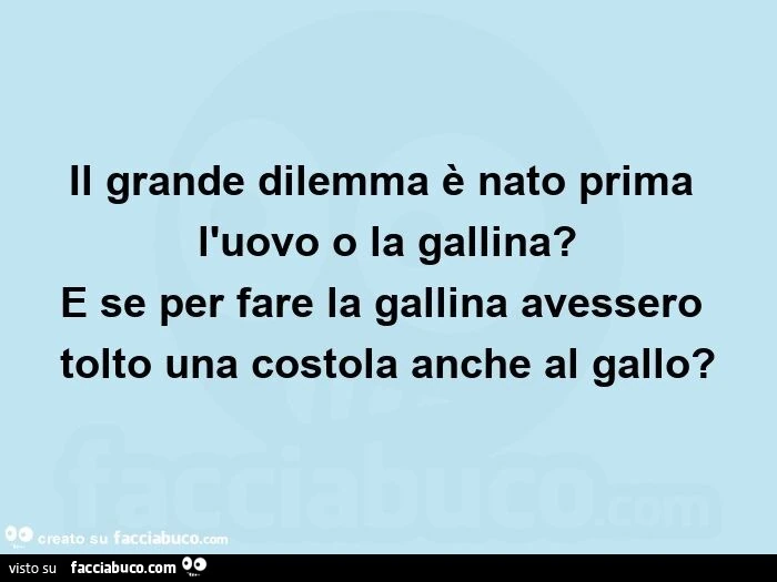 Il grande dilemma è nato prima l'uovo o la gallina?   E se per fare la gallina avessero tolto una costola anche al gallo?  