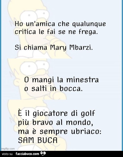 Ho un'amica che qualunque critica le fai se ne frega. Si chiama mary mbarzi. O mangi la minestra o salti in bocca. È Il giocatore di golf più bravo al mondo, ma è sempre ubriaco: sam buca