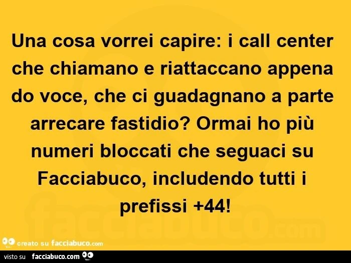 Una cosa vorrei capire: i call center che chiamano e riattaccano appena do voce, che ci guadagnano a parte arrecare fastidio? Ormai ho più numeri bloccati che seguaci su facciabuco, includendo tutti i prefissi 44