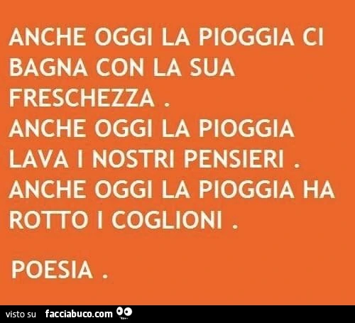 Anche oggi la pioggia ci bagna con la sua freschezza. Anche oggi la pioggia lava i nostri pensieri. Anche oggi la pioggia ha rotto i coglioni. Poesia