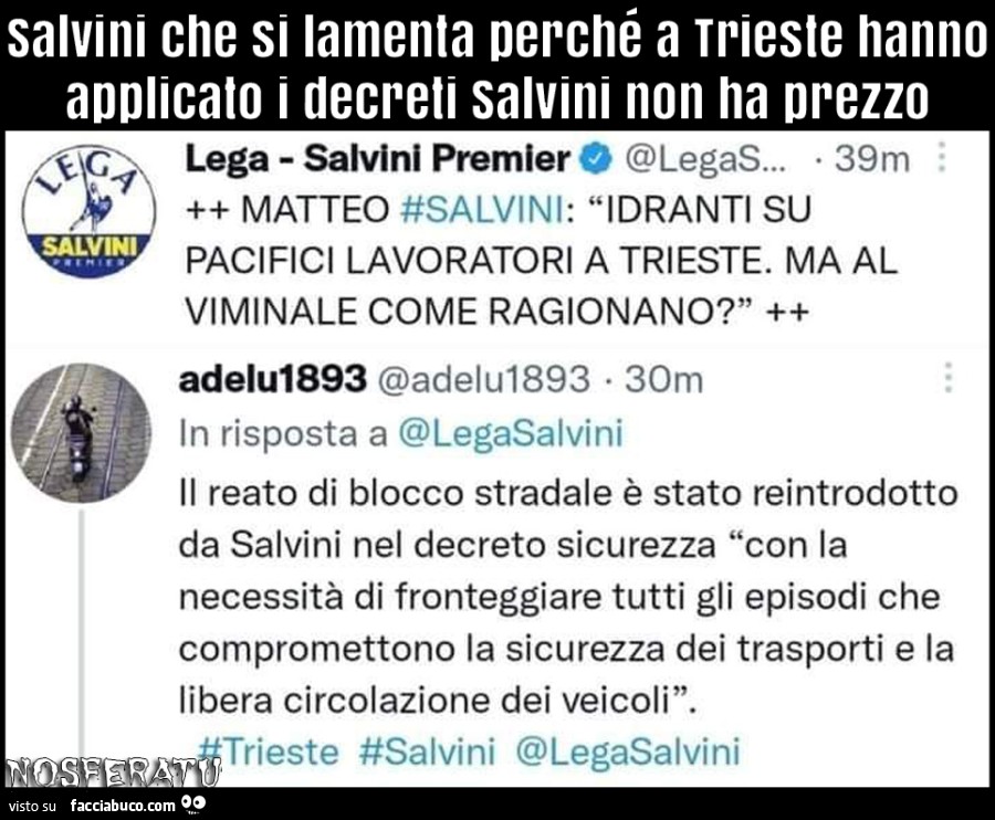 Salvini che si lamenta perché a Trieste hanno applicato i decreti Salvini non ha prezzo