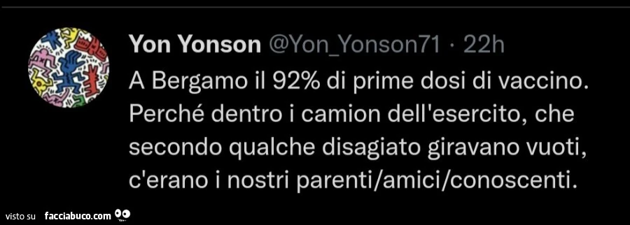 A bergamo il 92% di prime dosi di vaccino. Perché dentro i camion dell'esercito, che secondo qualche disagiato giravano vuoti, c'erano i nostri parenti/amici/conoscenti