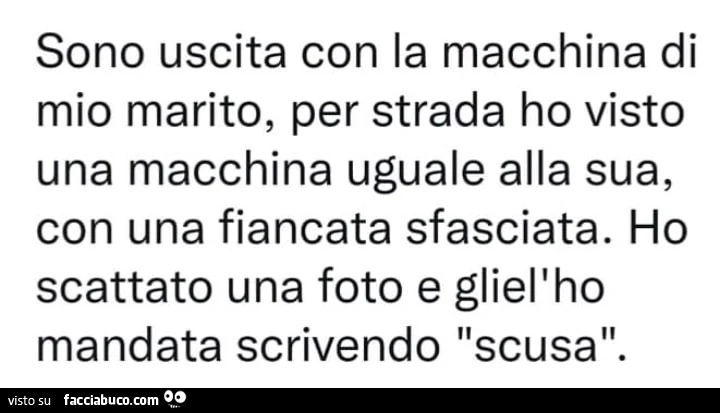 Sono uscita con la macchina di mio marito, per strada ho visto una macchina uguale alla sua, con una fiancata sfasciata. Ho scattato una foto e gliel'ho mandata scrivendo scusa