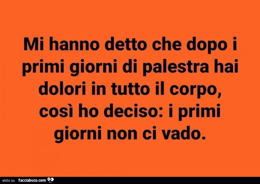 Mi hanno detto che dopo i primi giorni di palestra hai dolori in tutto il corpo, così ho deciso: i primi giorni non ci vado