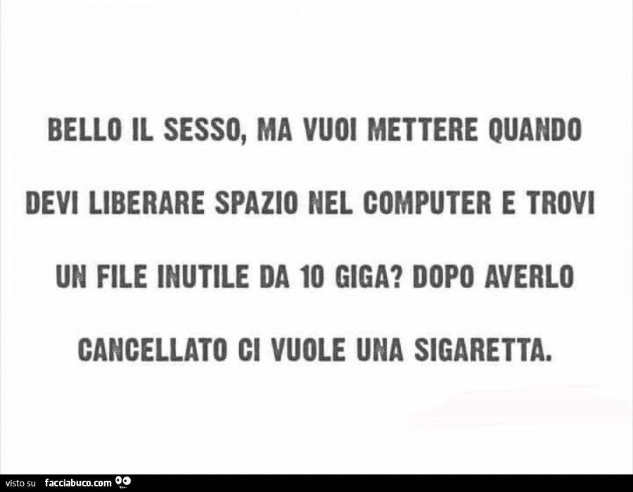 Bello il sesso, ma vuoi mettere quando devi liberare spazio nel computer e trovi un file inutile da 10 giga? Dopo averlo cancellato ci vuole una sigaretta