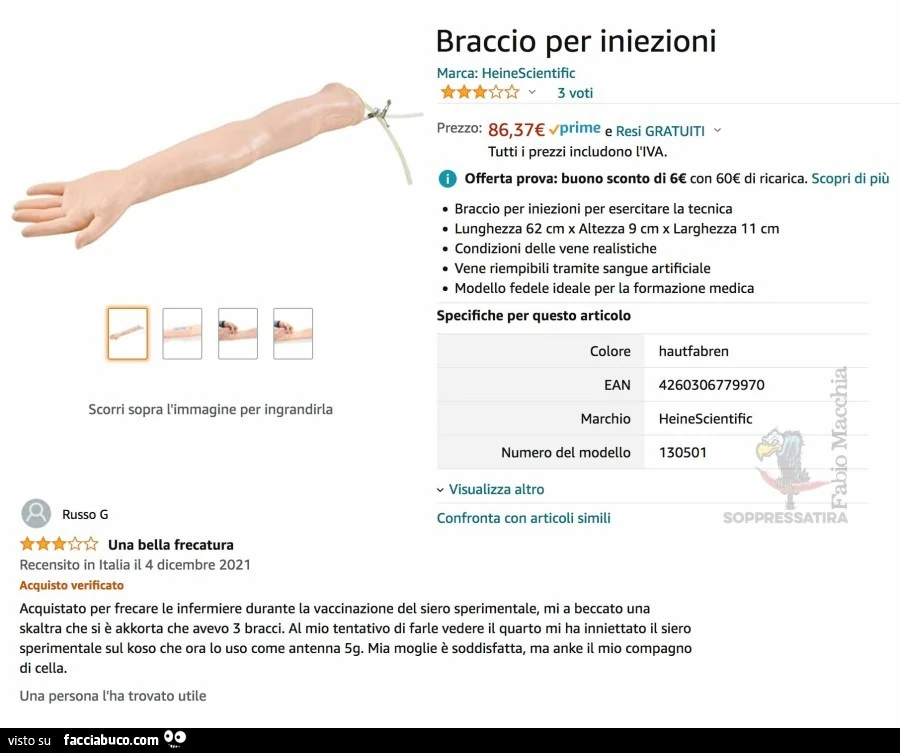 Braccio per iniezioni su Amazon. Una bella frecatura