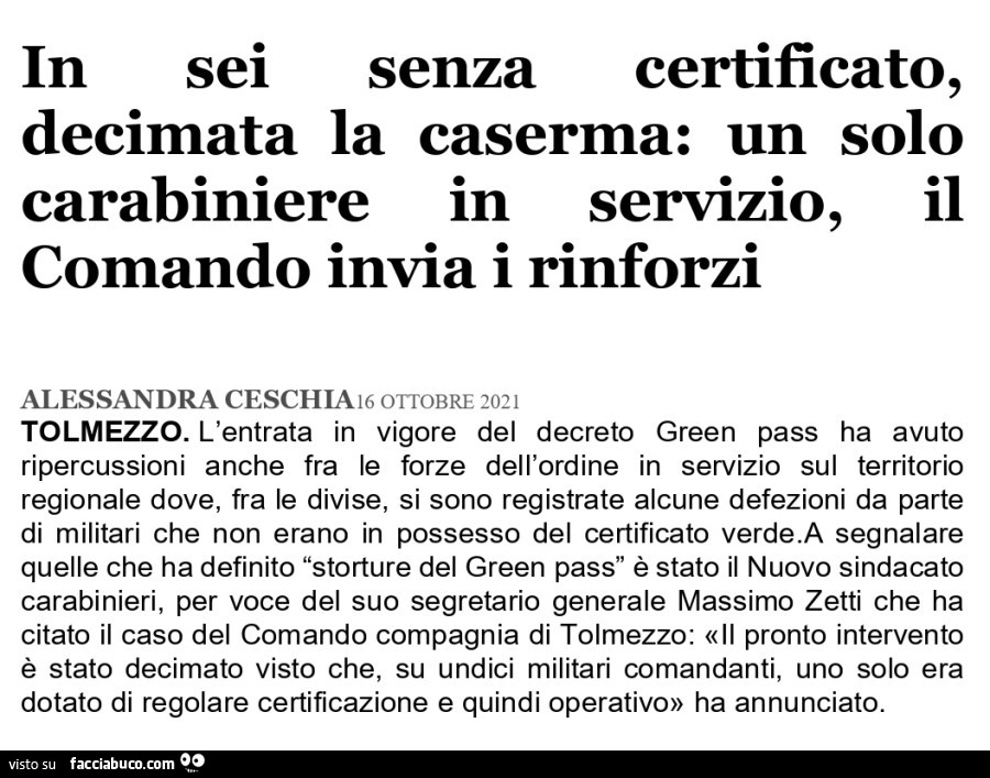 In sei senza certificato, decimata la caserma: un solo carabiniere in servizio, il comando invia i rinforzi