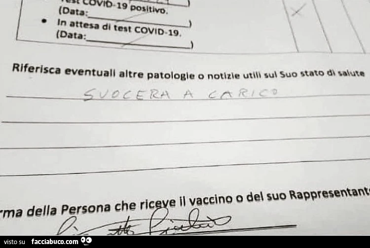 Riferisca eventuali altre patologie o notizie utili sul suo stato di salute. Suocera a carico