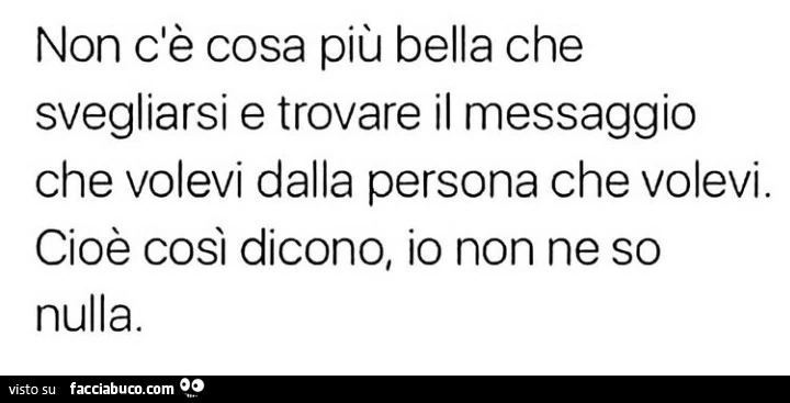 Non c'è cosa più bella che svegliarsi e trovare il messaggio che volevi dalla persona che volevi. Cioè così dicono, io non ne so nulla