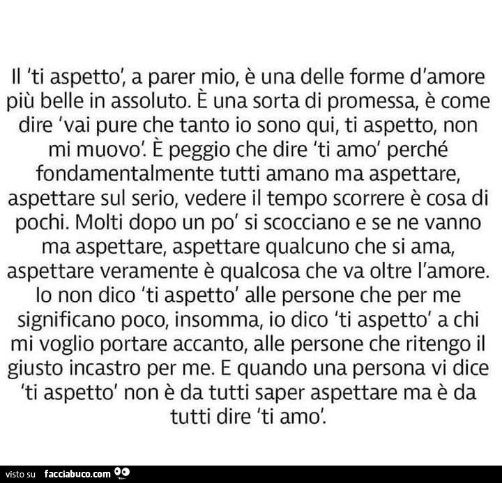 Il ti aspetto, a parer mio, è una delle forme d'amore più belle in assoluto. È Una sorta di promessa, è come dire vai pure che tanto io sono qui, ti aspetto, non mi muovo