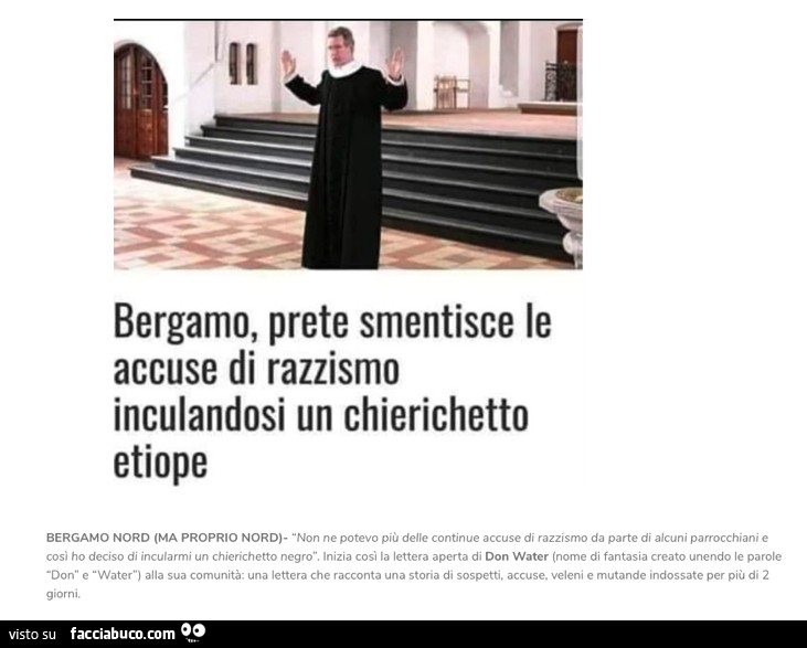 Bergamo, prete smentisce le accuse di razzismo inculandosi un chierichetto etiope
