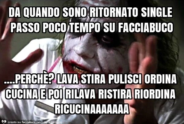 Da quando sono ritornato single passo poco tempo su facciabuco… perchè? Lava stira pulisci ordina cucina e poi rilava ristira riordina ricucinaaaaaaa
