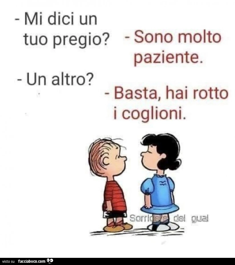 Mi dici un tuo pregio? Sono molto paziente. Un altro? Basta, hai rotto i coglioni