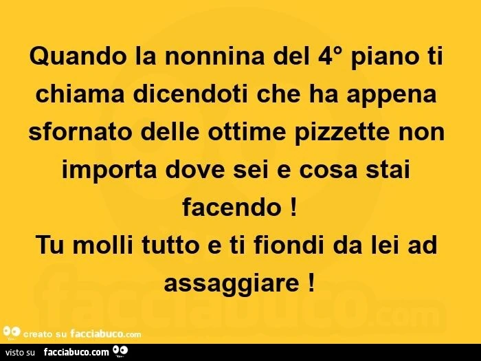 Quando la nonnina del 4° piano ti chiama dicendoti che ha appena sfornato delle ottime pizzette non importa dove sei e cosa stai facendo!   Tu molli tutto e ti fiondi da lei ad assaggiare