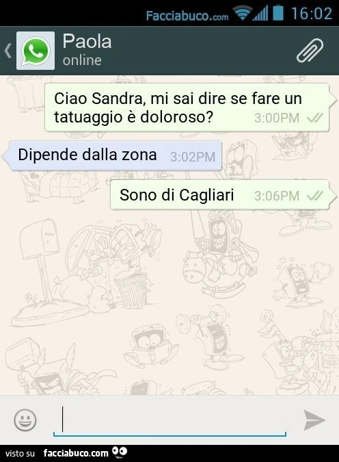 Ciao Sandra, mi sai dire se fare un tatuaggio è doloroso? Dipende dalla zona. Sono di Cagliari