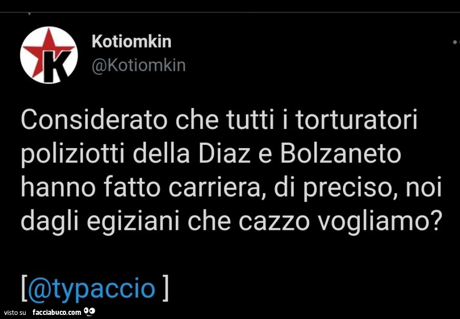 Considerato che tutti i torturatori poliziotti della diaz e bolzaneto hanno fatto carriera, di preciso, noi dagli egiziani che cazzo vogliamo?