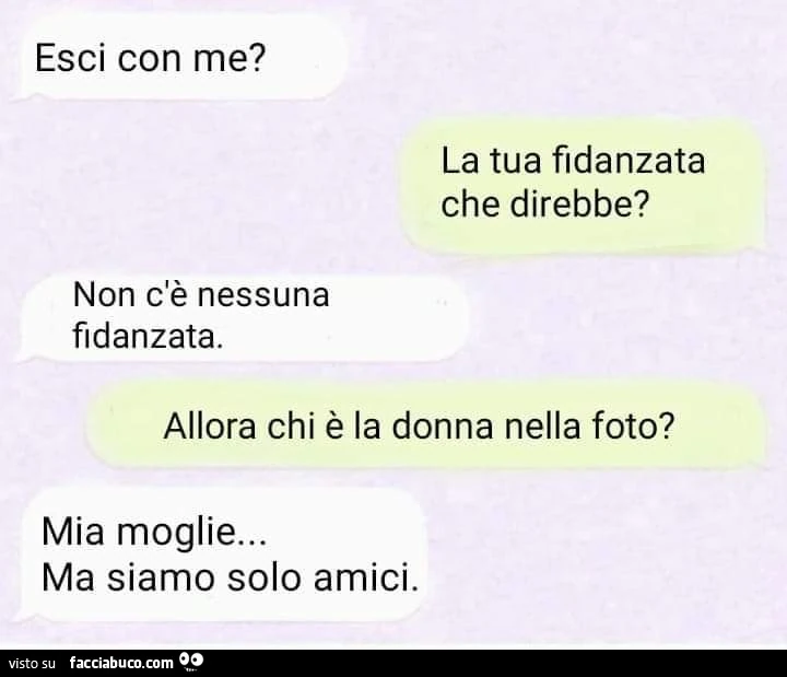 Esci con me? La tua fidanzata che direbbe? Non c'è nessuna fidanzata. Allora chi è la donna nella foto? Mia moglie&hellip; ma siamo solo amici