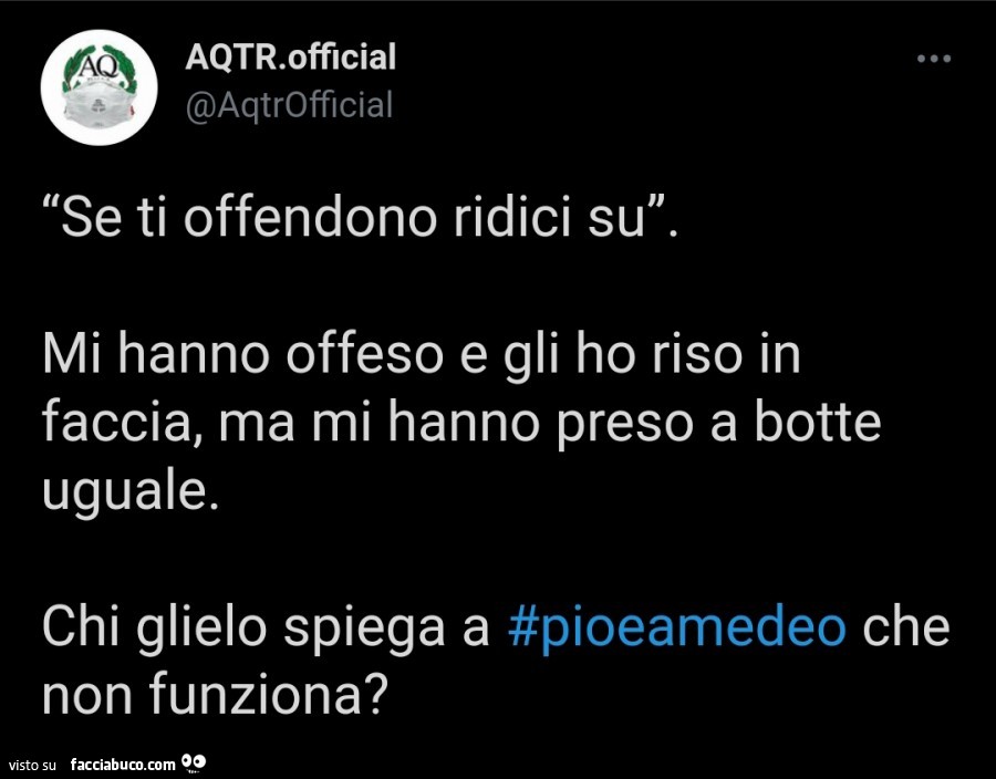 Se ti offendono ridici su. Mi hanno offeso e gli ho riso in faccia, ma mi hanno preso a botte uguale. Chi glielo spiega a pio e amedeo che non funziona?