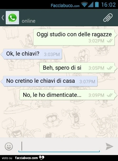 Oggi studio con delle ragazze. Ok, le chiavi? Beh, spero di si. No cretino le chiavi di casa. No, le ho dimenticate