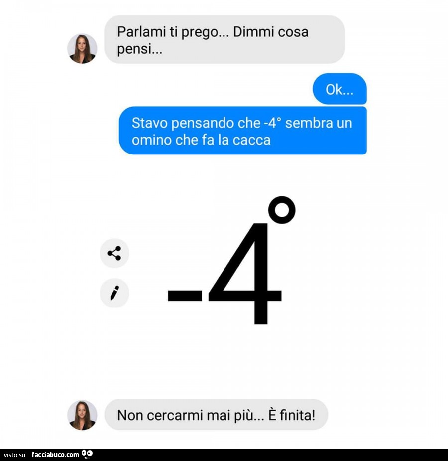 Parlami ti prego… dimmi cosa pensi… ok… stavo pensando che -4° sembra un omino che fa la cacca. Non cercarmi mai più… è finita