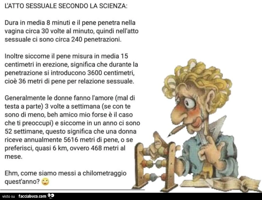 L'atto sessuale secondo la scienza: dura in media 8 minuti e il pene penetra nella vagina circa 30 volte al minuto, quindi nell'atto sessuale ci sono circa 240 penetrazionio?