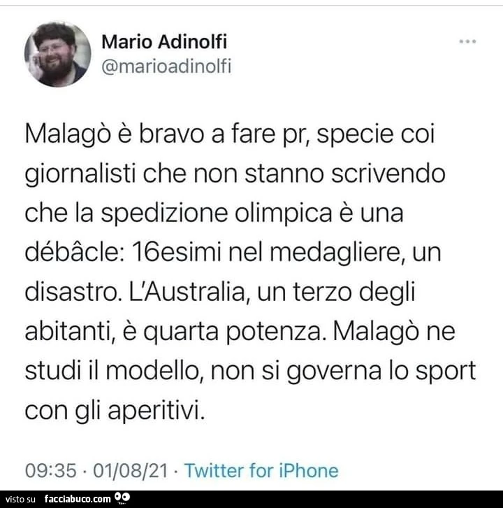 Malagò è bravo a fare pr, specie coi giornalisti che non stanno scrivendo che la spedizione olimpica è una débâcle: 16esimi nel medagliere, un disastro