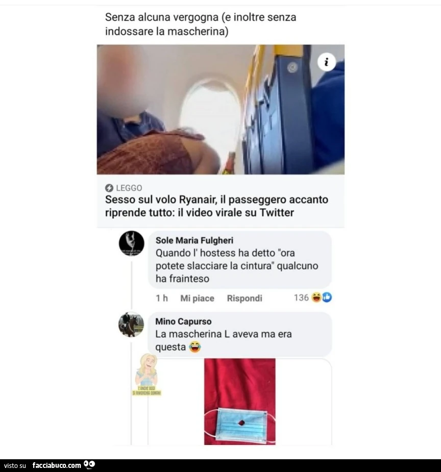 Senza alcuna vergogna e inoltre senza indossare la mascherina. Sesso sul volo ryanair, il passeggero accanto riprende tutto