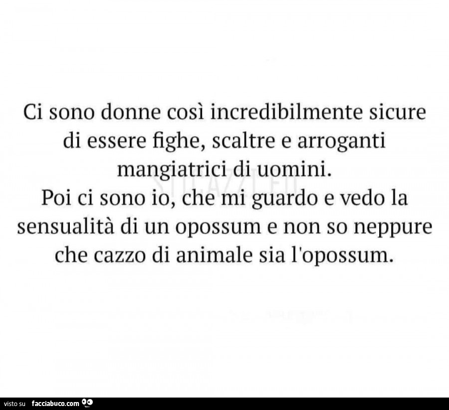 Ci sono donne così incredibilmente sicure di essere fighe, scaltre e arroganti mangiatrici di uomini. Poi ci sono io, che mi guardo e vedo la sensualità di un opossum e non so neppure che cazzo di animale sia l'opossum