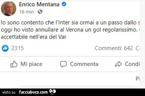 Enrico Mentana: io sono contento che l'inter sia ormai a un passo dallo scudetto ma oggi ho visto annullare al verona un gol regolarissimo. Non accettabile nell'era del var