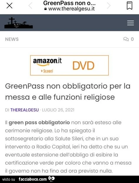 Greenpass non obbligatorio per la messa e alle funzioni religiose