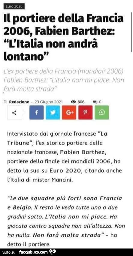 Il portiere della francia 2006, fabien barthez: l'italia non andrà lontano