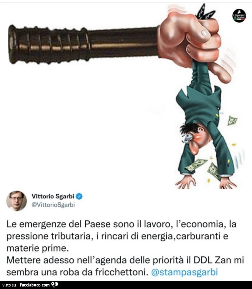 Vittorio Sgarbi: le emergenze del paese sono il lavoro, l'economia, la pressione tributaria, i rincari di energia, carburanti e materie prime. Mettere adesso nell'agenda delle priorità il ddl zan mi sembra una roba da fricchettoni