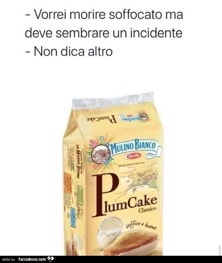 Vorrei morire soffocato ma deve sembrare un incidente. Non dica altro. Plumcake