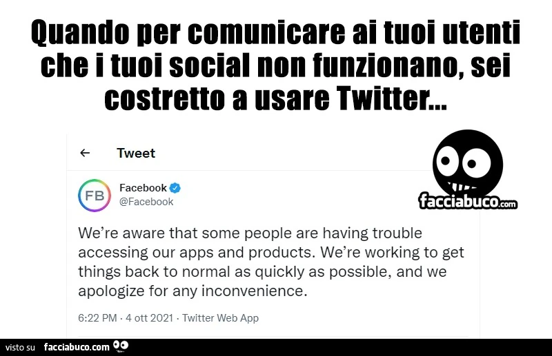 Quando per comunicare ai tuoi utenti che i tuoi social non funzionano, sei costretto a usare twitter
