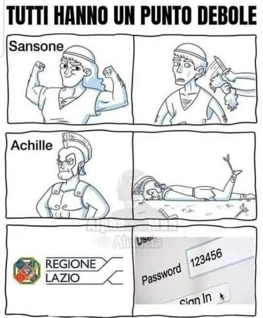 Tutti hanno un punto debole, sansone, achille, Regione Lazio: password 123466