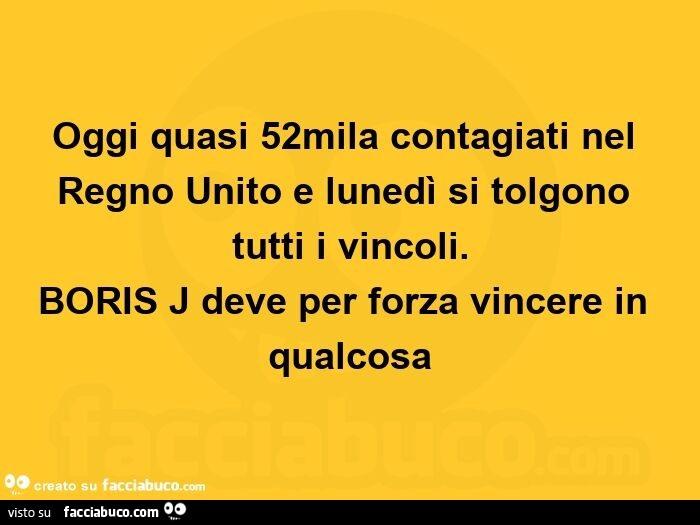 Oggi quasi 52mila contagiati nel regno unito e lunedรฌ si tolgono tutti i vincoli. Boris j deve per forza vincere in qualcosa