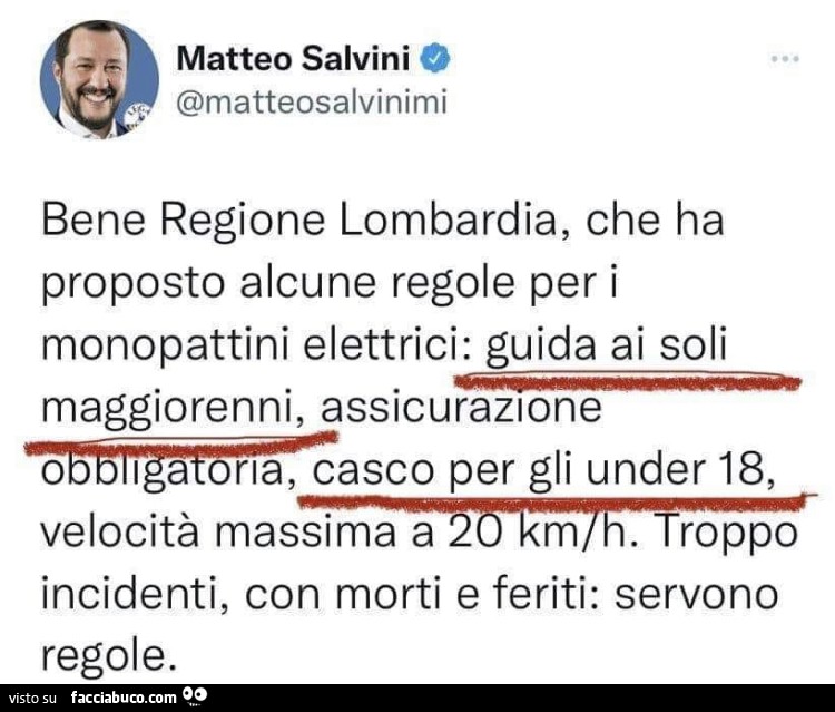 Matteo Salvini bene regione lombardia, che ha proposto alcune regole per i monopattini elettrici: guida ai soli maggiorenni, casco per gli under 18