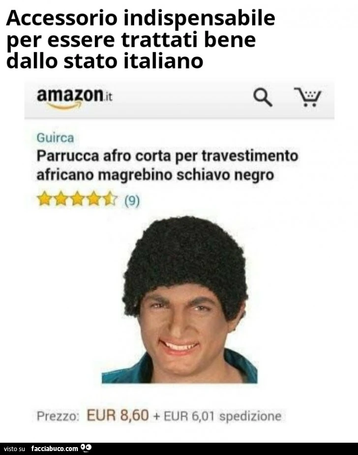 Accessorio indispensabile per essere trattati bene dallo stato italiano. Parrucca afro corta per travestimento africano magrebino