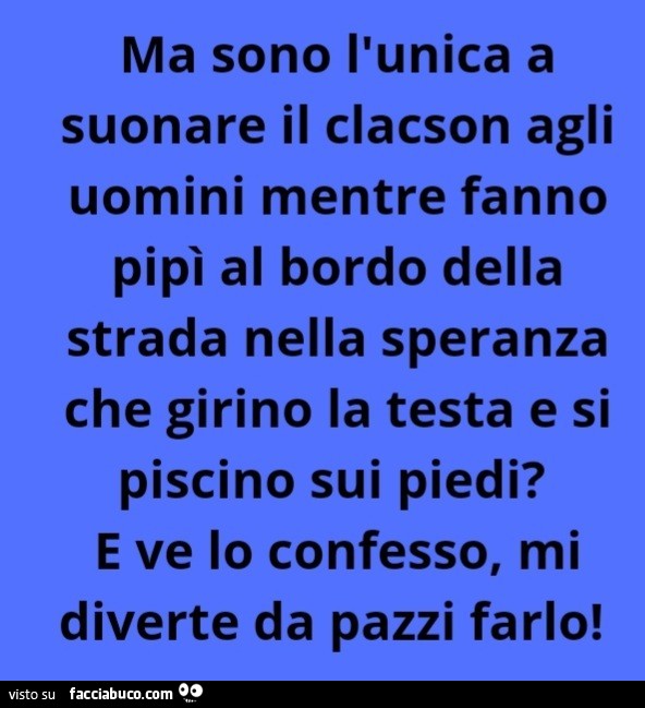 Ma sono l'unica a suonare il clacson agli uomini mentre fanno pipì al bordo della strada nella speranza che girino la testa e si piscino sui piedi?