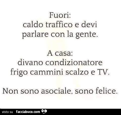Fuori: caldo traffico e devi parlare con la gente. A casa: divano condizionatore frigo cammini scalzo e tv. Non sono asociale. Sono felice