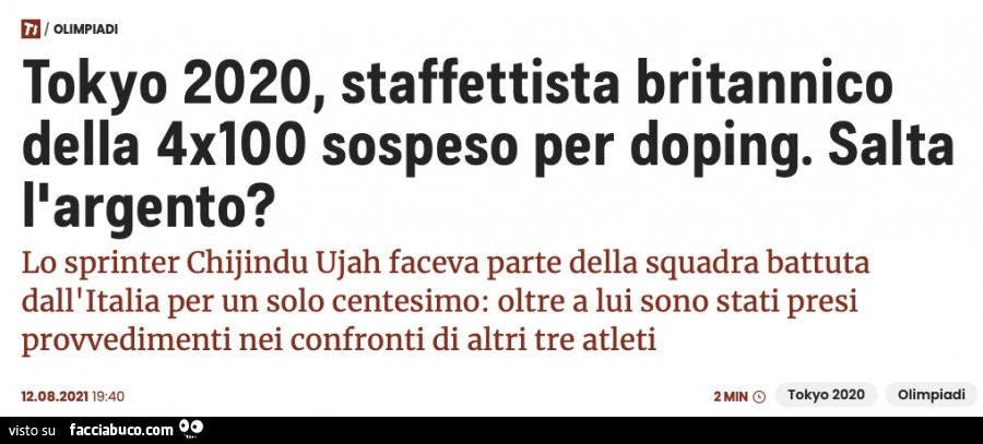 Tokyo 2020, staffettista britannico della 4x100 sospeso per doping. Salta l'argento?