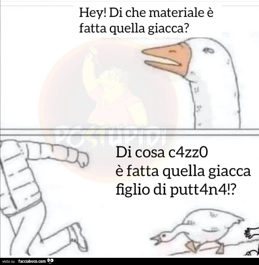 Hey! Di che materiale è fatta quella giacca? Di cosa c4zz0 è fatta quella giacca figlio di putt4n4!?