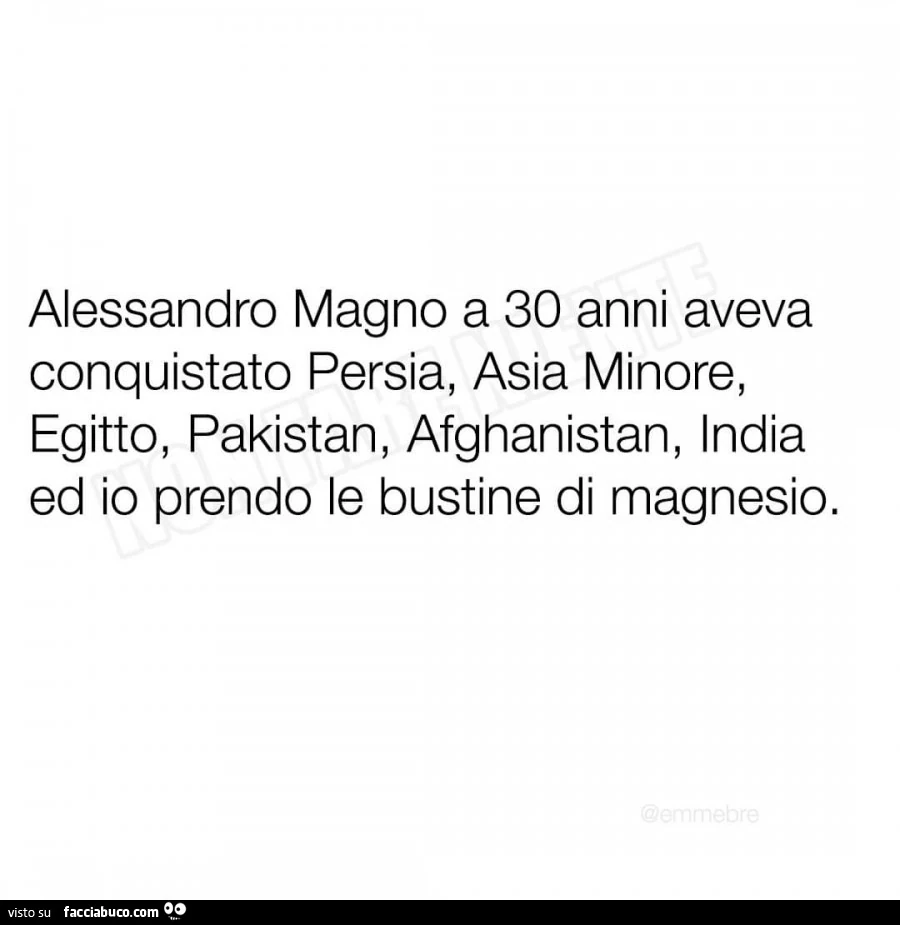 Alessandro magno a 30 anni aveva conquistato persia, asia minore, egitto, pakistan, afghanistan, india ed io prendo le bustine di magnesio