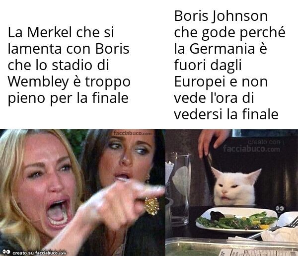 La Merkel che si lamenta con Boris che lo stadio di Wembley è troppo pieno per la finale Boris Johnson che gode perché la Germania è fuori dagli Europei e non vede l'ora di vedersi la finale