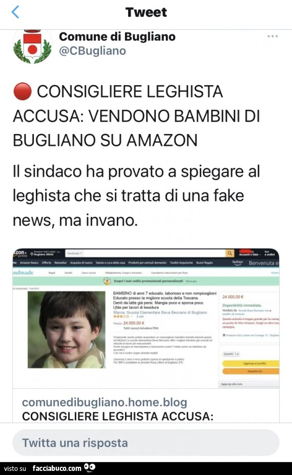 Consigliere leghista accusa: vendono bambini di bugliano su amazon. Il sindaco ha provato a spiegare al leghista che si tratta di una fake news, ma invano