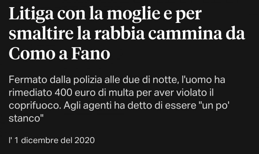 Litiga con moglie e cammina da Como a Fano