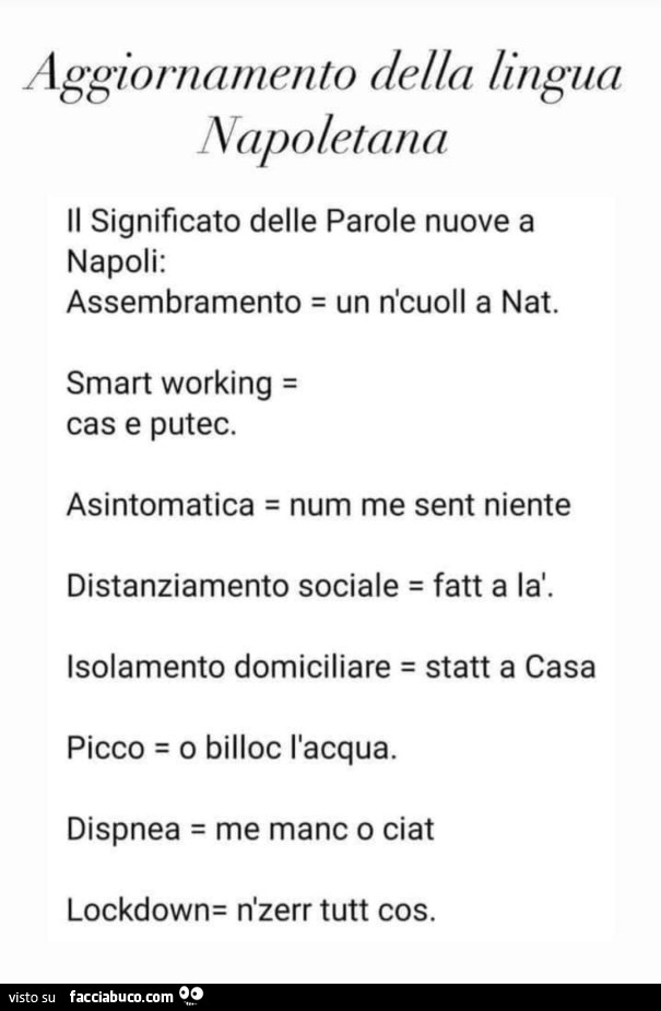 Aggiornamento della lingua napoletana il significato delle parole nuove a napoli: assembramento = un n'cuoll a nat. Smart working cas e putec