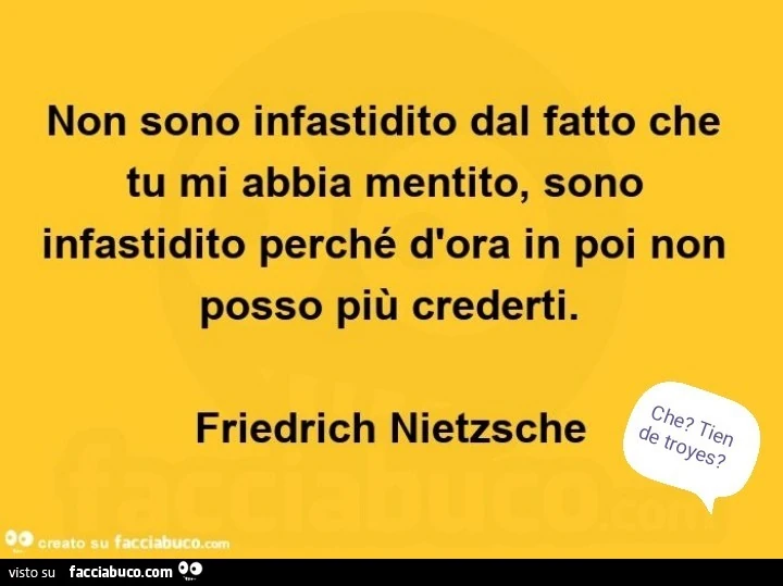 Non sono infastidito dal fatto che tu mi abbia mentito, sono infastidito perché d'ora in poi non posso più crederti. Friedrich Nietzsche